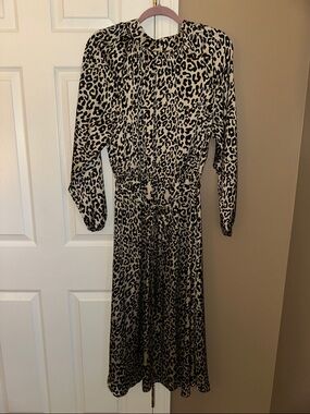 LOFT Cream and Black Leopard Print Long Sleeve Midi Dress